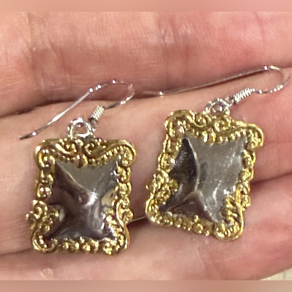 Earrings 925 Sterling Silver Pierced Drop Dangle Rectangle Delicate Ornate 3gm - Picture 2 of 5